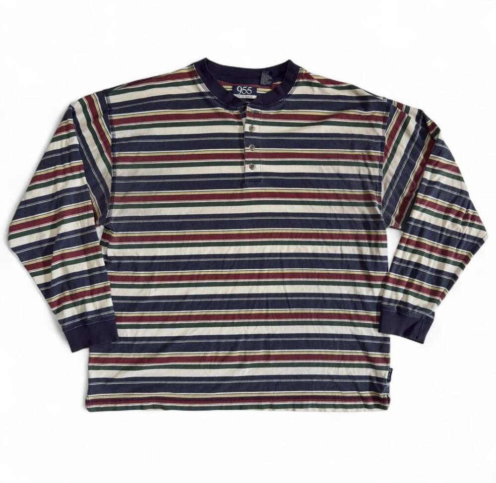 955 Originals Long Sleeve Henley Size XL Striped Cotton Shirt